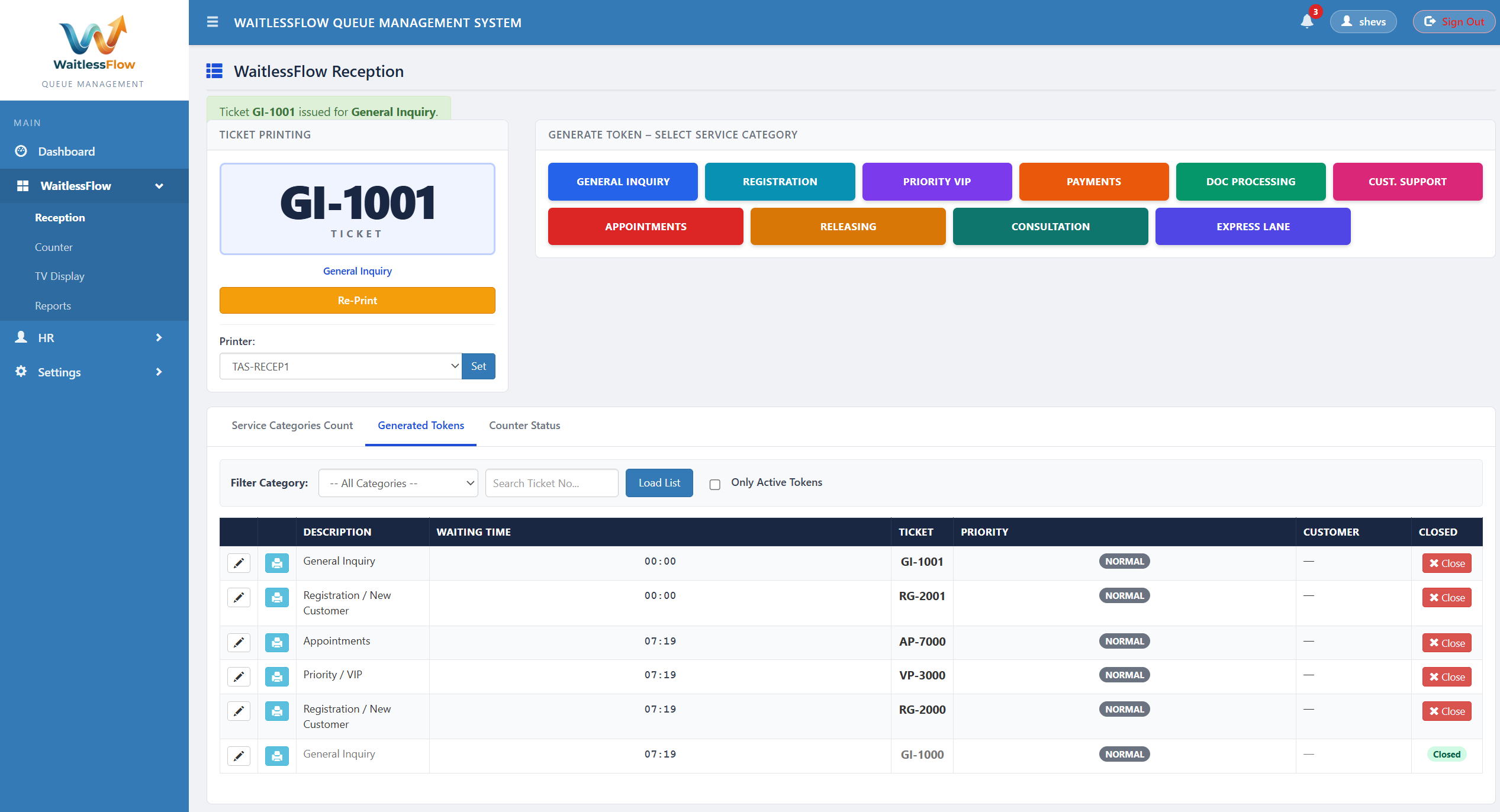 WaitlessFlow reception dashboard - token generation and live queue list