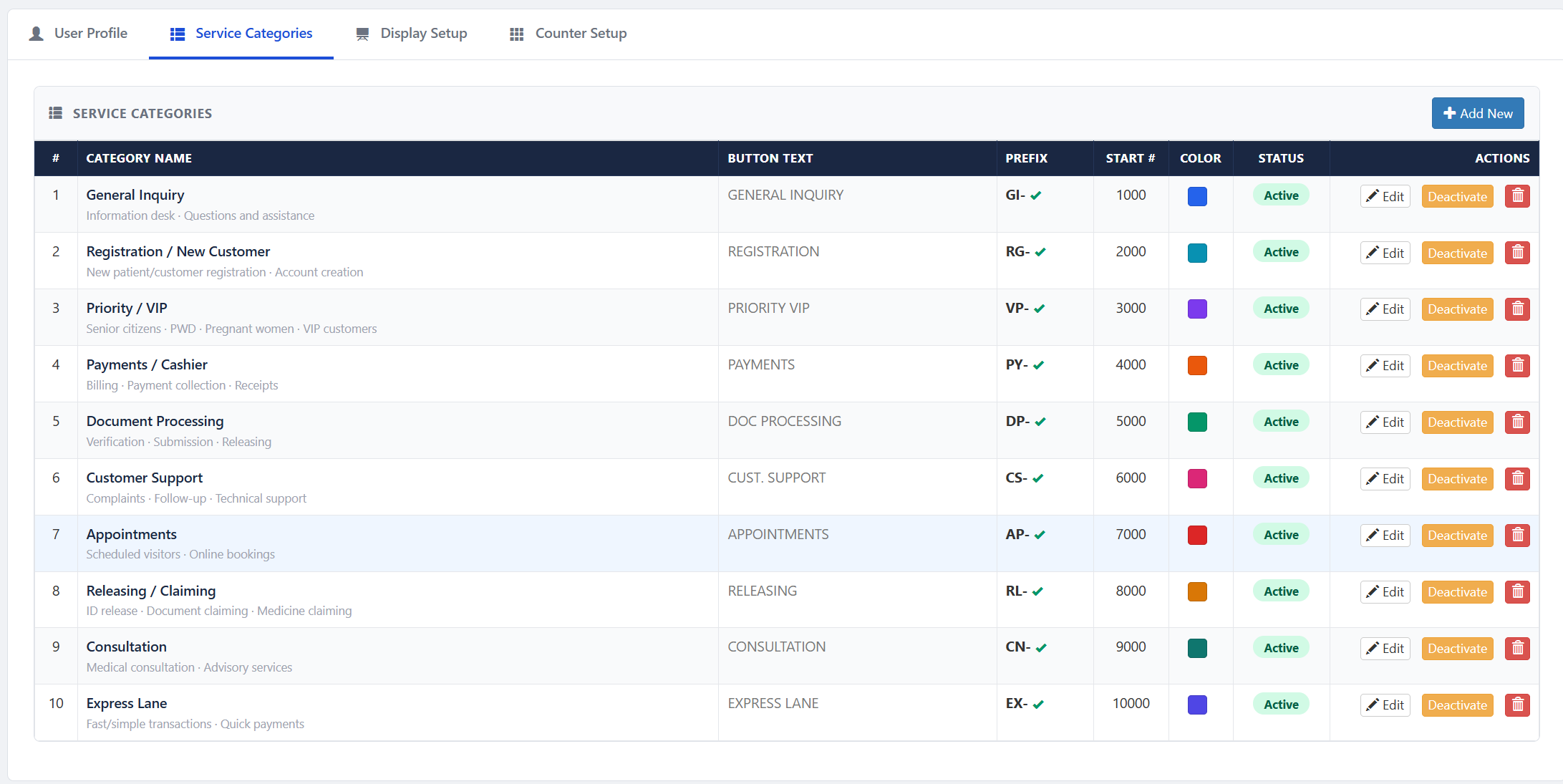 WaitlessFlow settings - service categories configuration