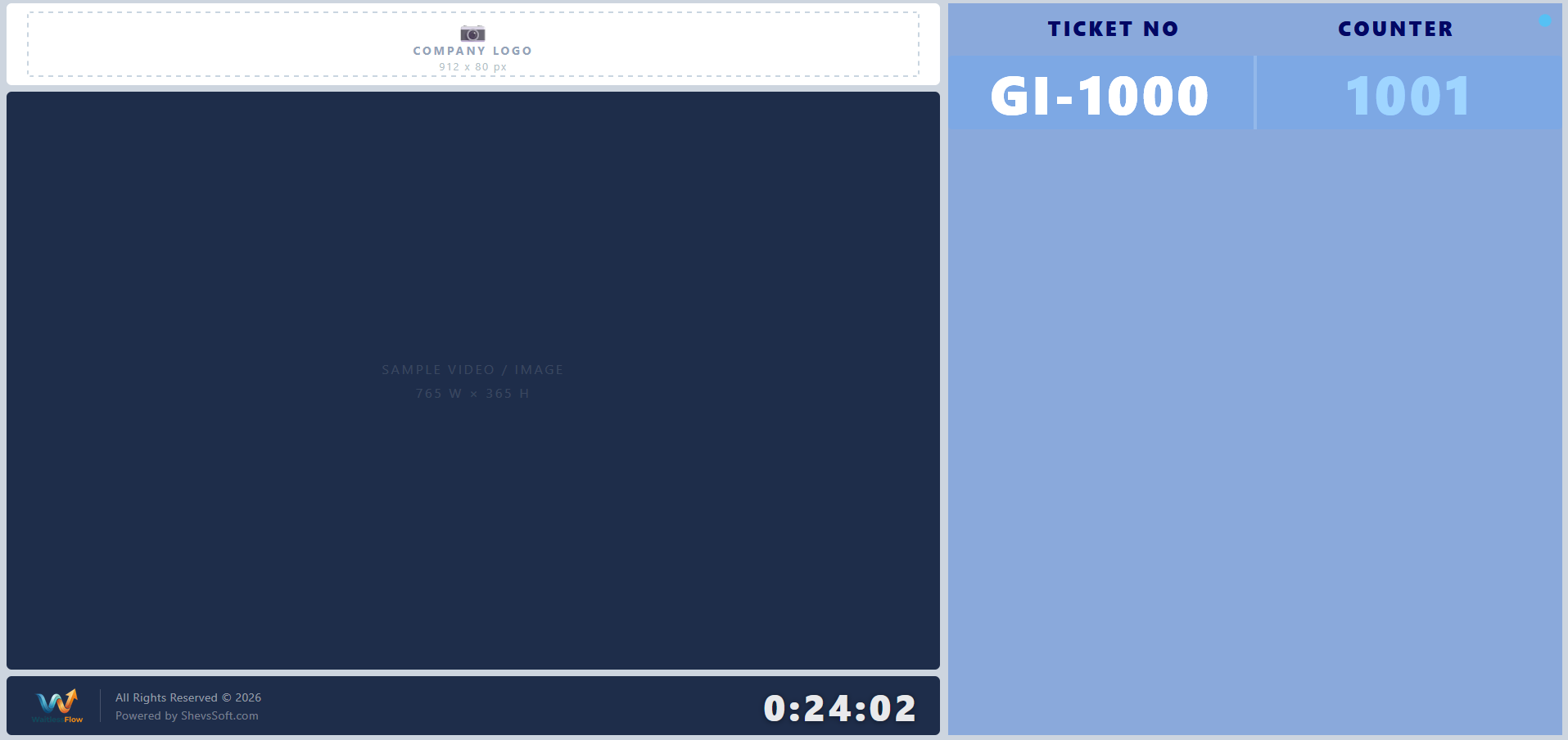 WaitlessFlow TV display - shows current ticket and counter for waiting customers